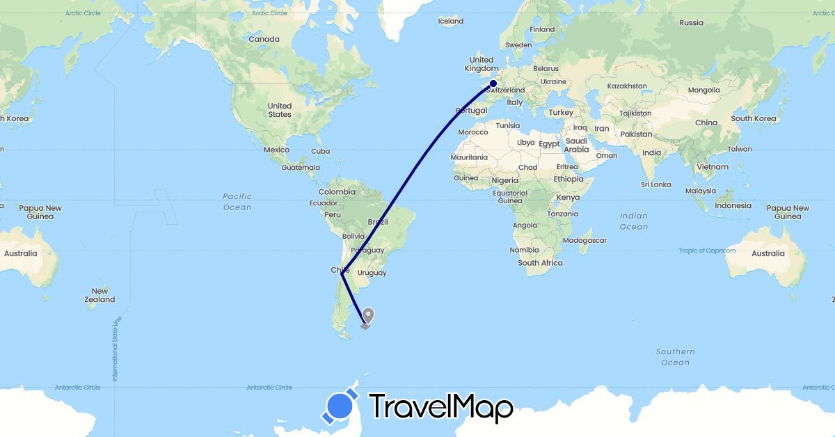 TravelMap itinerary: driving, plane in Chile, Falkland Islands, France (Europe, South America)